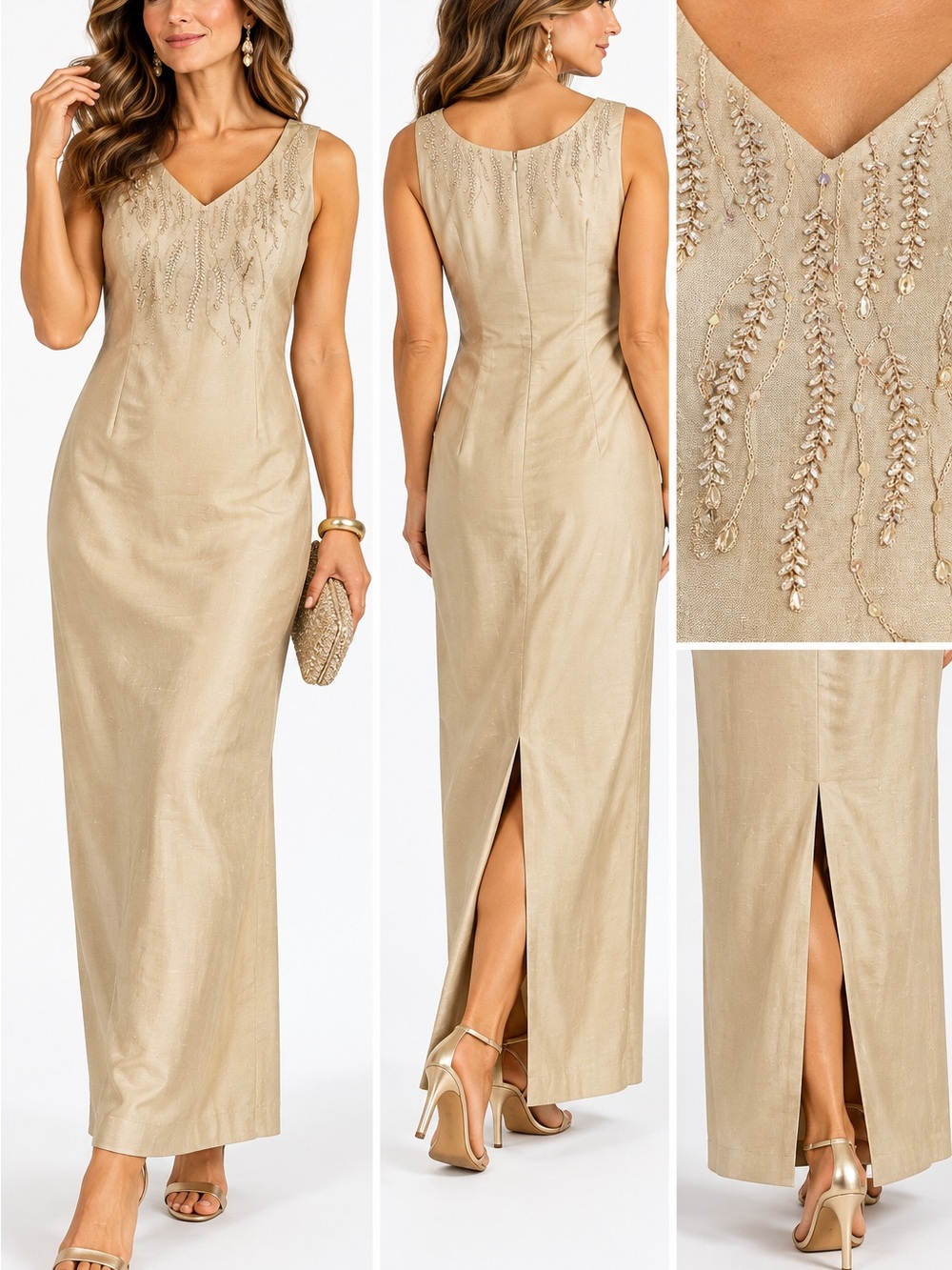 Talbots Vintage Raw Silk Beige Maxi Dress Sz 14 Beaded NWOT